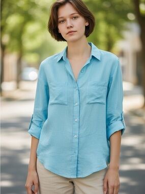 Talbots Light Blue Linen Button-Up Shirt.